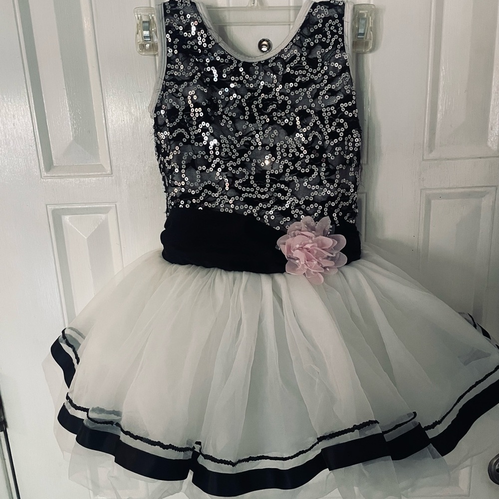Sequin and Tulle Tutu Black & White Dress with Pink Flower